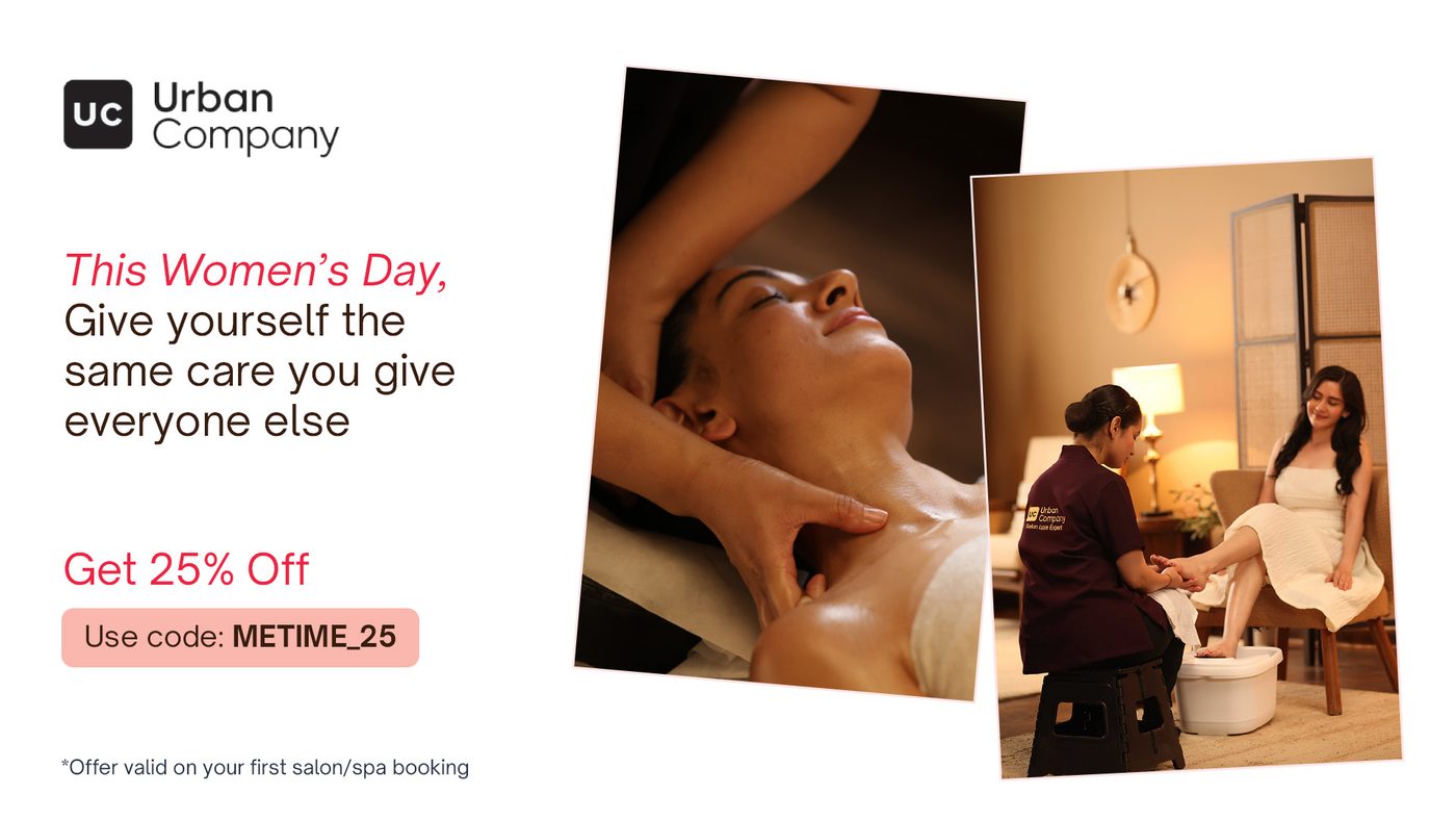 The Urban Company Women's Day banner artwork, offering 25 per cent off a first salon or spa booking with the code METIME_25