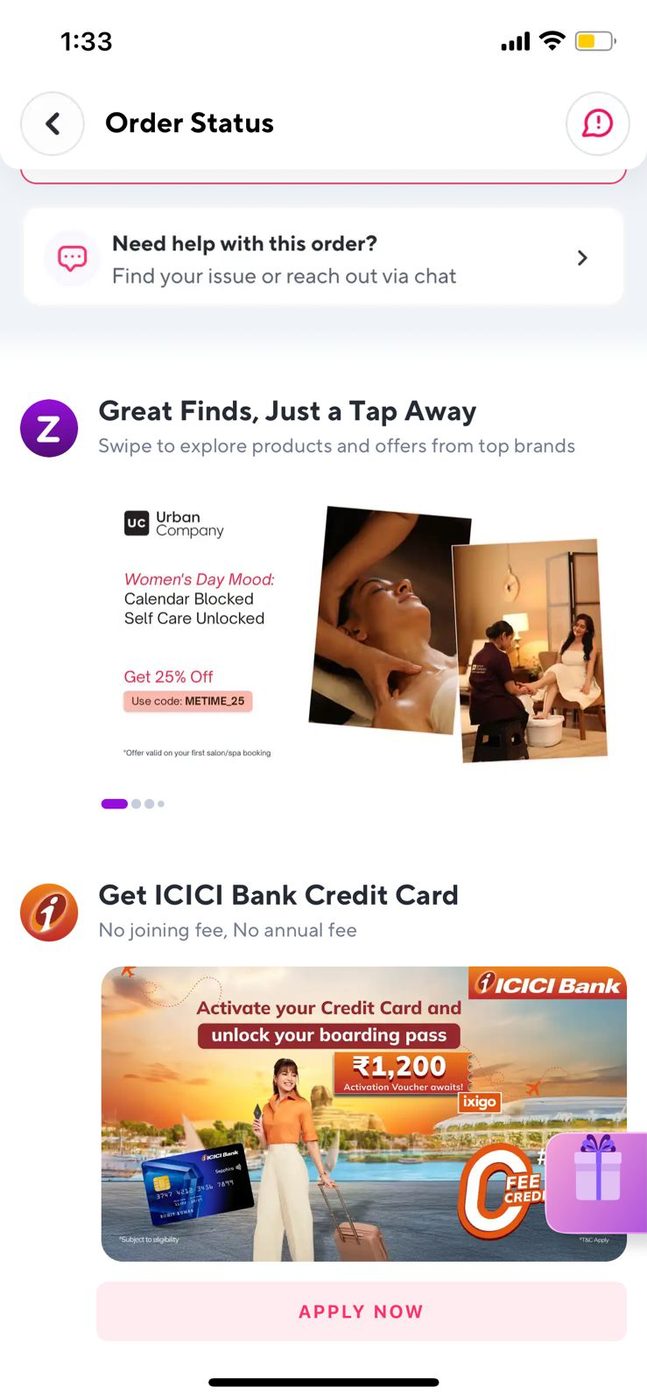 Urban Company and ICICI Bank cards in the Great Finds brand carousel on the Zepto order status page