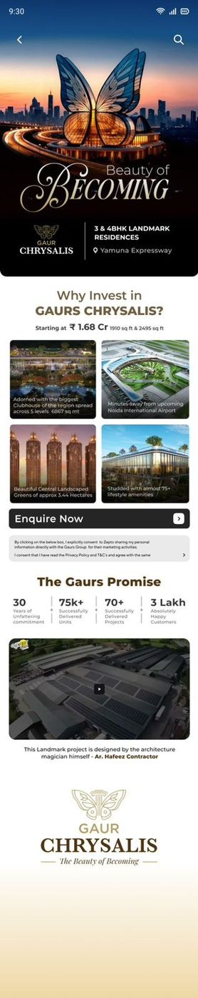 The full Gaurs Chrysalis in-app brand page, scrolling from hero through to an Enquire Now form