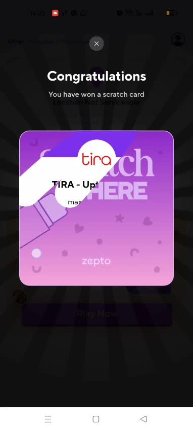 A Tira scratch card reward revealed on a Congratulations screen after a Zepto order