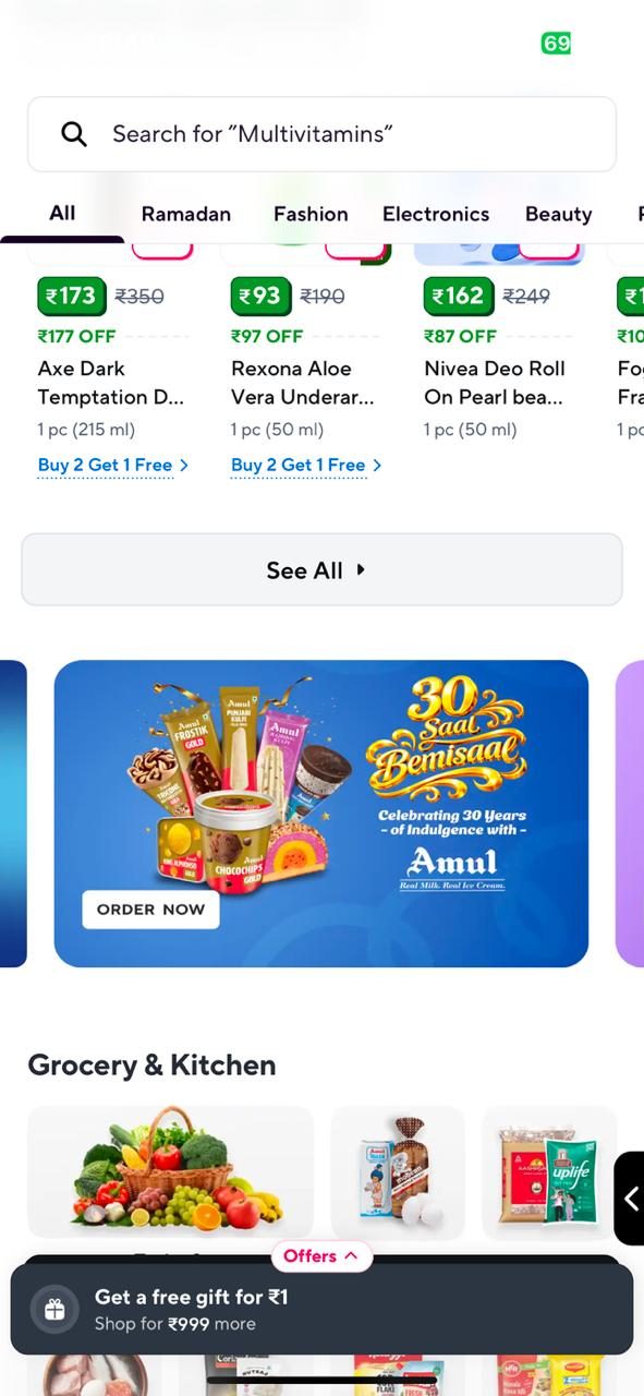 An Amul Home Page Banner in the Zepto home feed, below the search bar and category row
