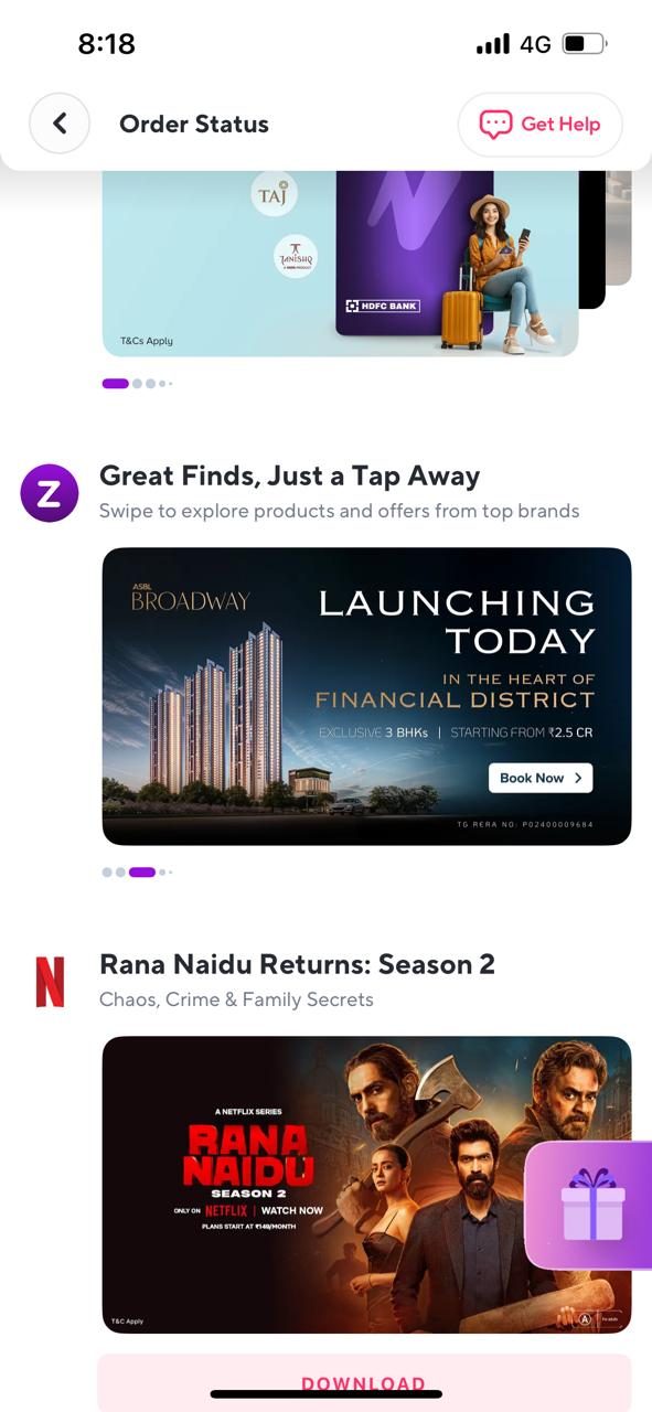 A property launch and a Rana Naidu series card side by side in the Great Finds horizontal carousel