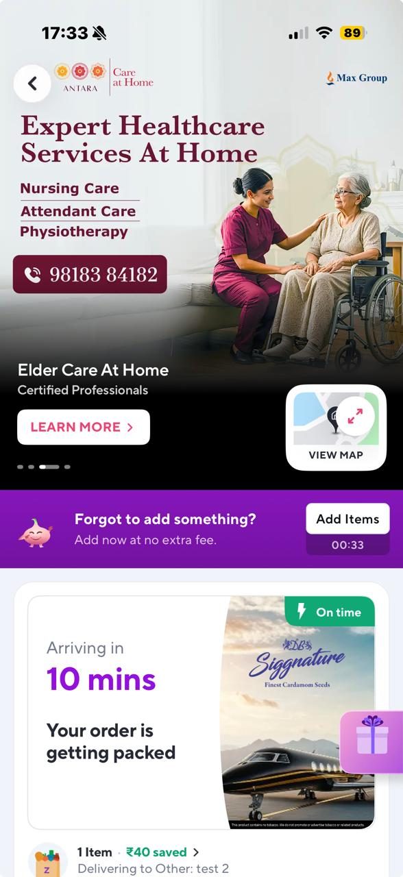 An Antara Care at Home masthead advertising expert healthcare services with a phone number, above the Zepto delivery countdown