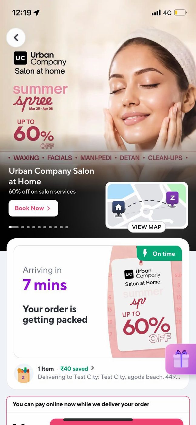 An Urban Company Summer Spree masthead and a matching Timer Widget offer running together on the Zepto order tracking page