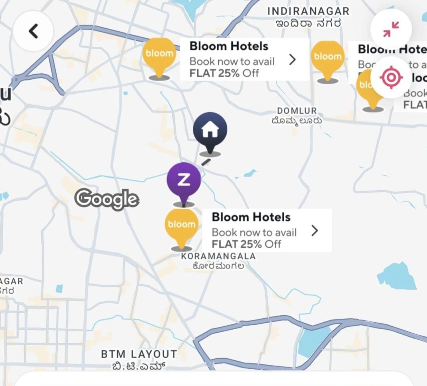 Bloom Hotels branded Map Pins placed along the live delivery route on the in-app order map