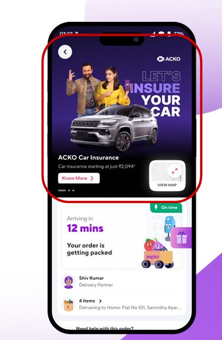 ACKO car insurance Masthead Banner filling the top of the Zepto order tracking page, above the live delivery ETA