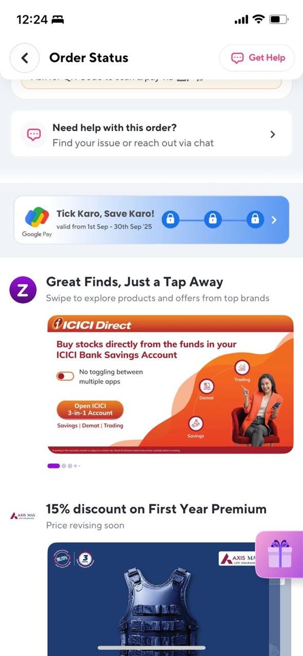 A Google Pay thin strip reading Tick Kare Save Karo across the Zepto order status page