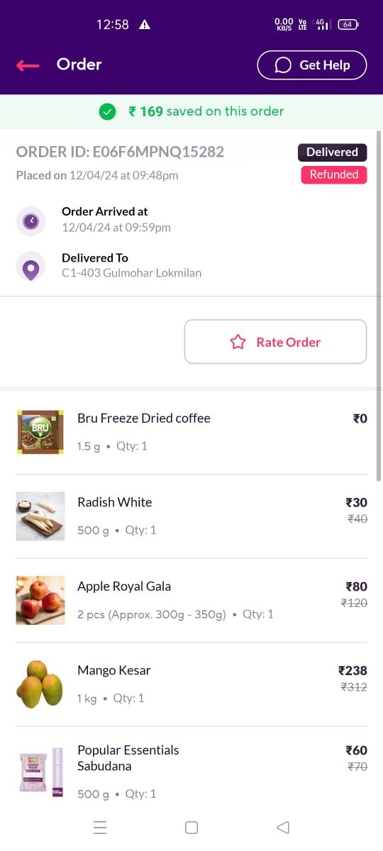A Zepto order summary listing a Bru Freeze Dried coffee sample priced at zero rupees alongside the paid items