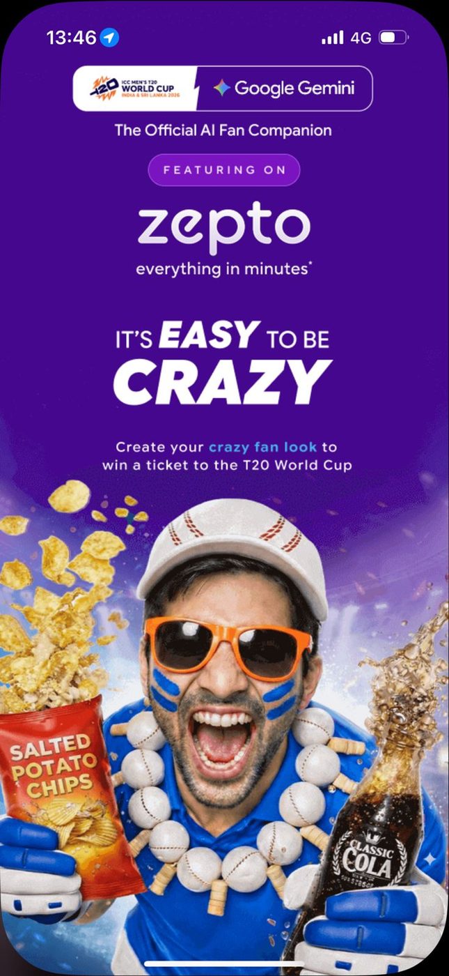 A full-screen Zepto splash takeover for the T20 World Cup, filling the phone on app open
