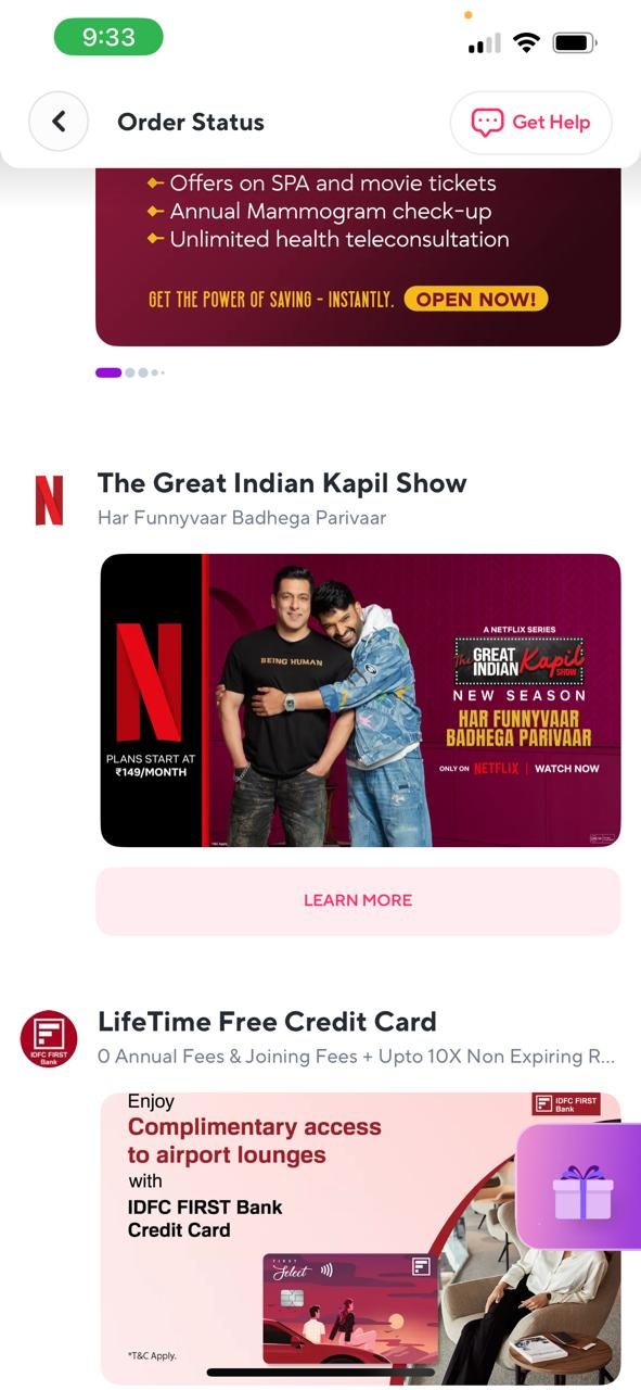 A Netflix banner for The Great Indian Kapil Show placed in the Zepto in-feed slot