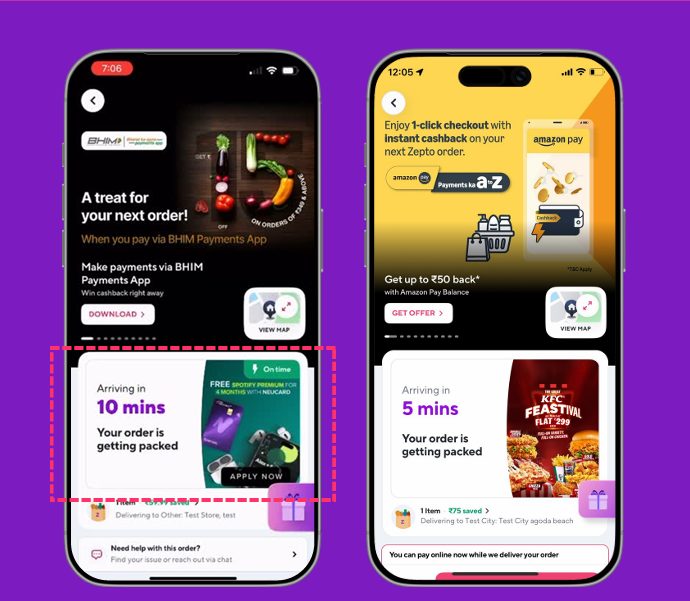 Two phone screens showing BHIM and Amazon Pay Timer Widget ads sitting directly beside the delivery countdown